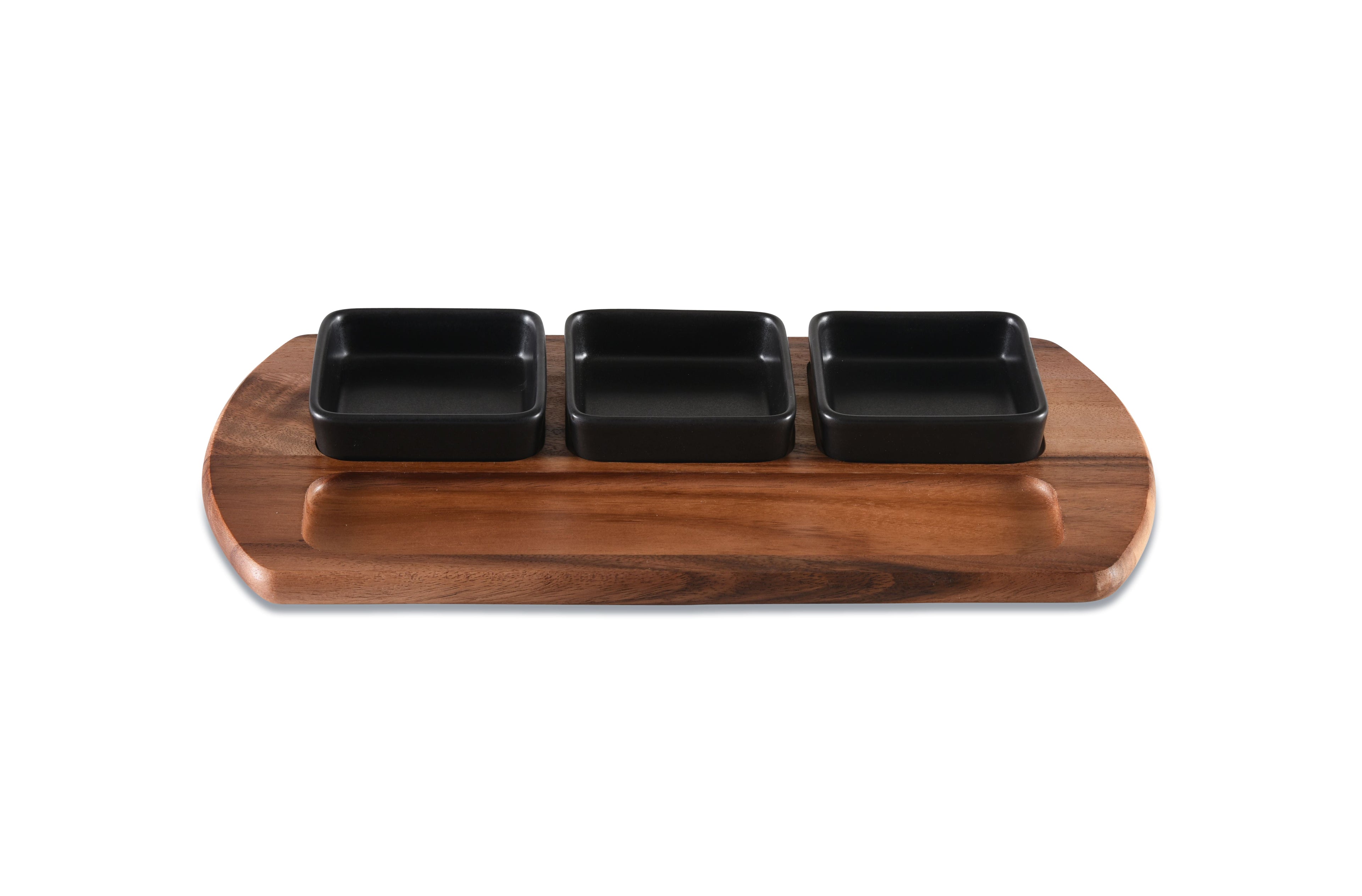 Acacia Wood Charcuterie Board with 3 Black Ceramic Bowls - 18" x 9"
