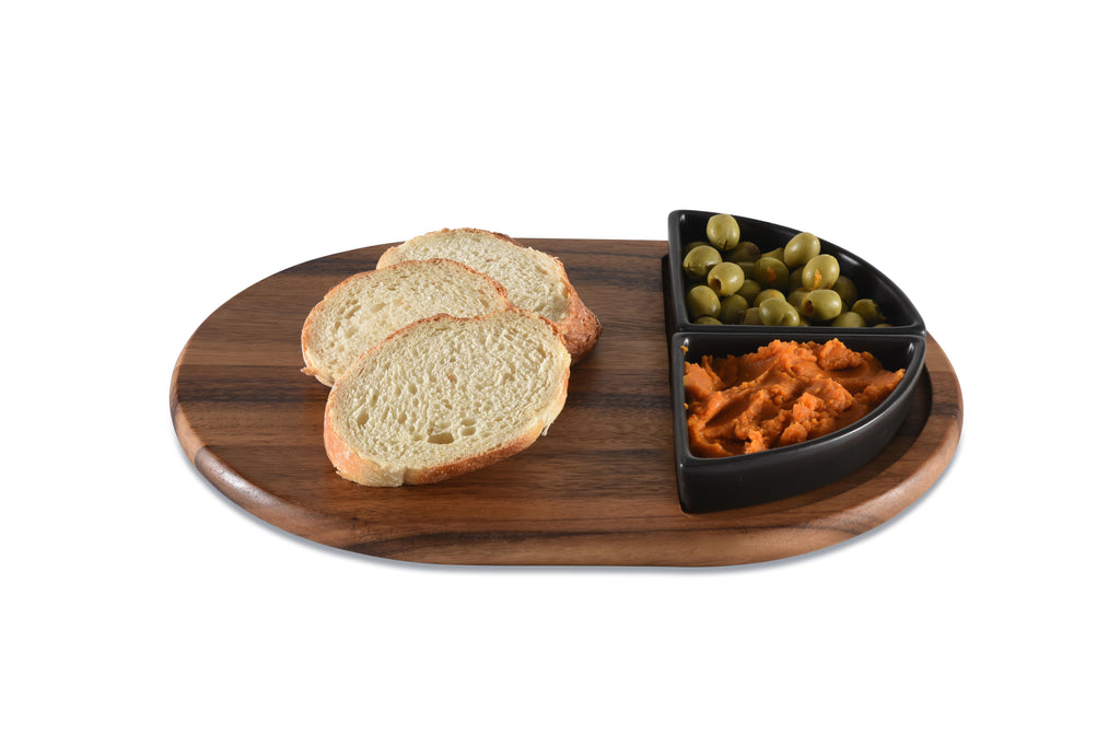 Acacia Wood Charcuterie Board with 2 Black Triangular Ceramic Bowls - 15" x 11"