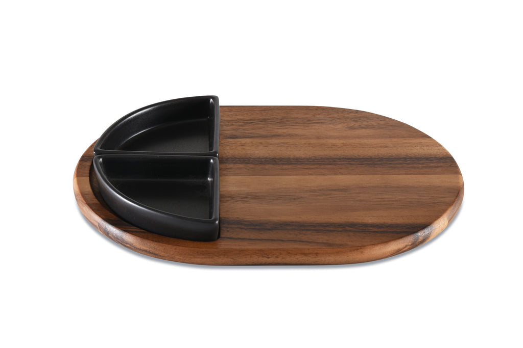 Acacia Wood Charcuterie Board with 2 Black Triangular Ceramic Bowls - 15" x 11"