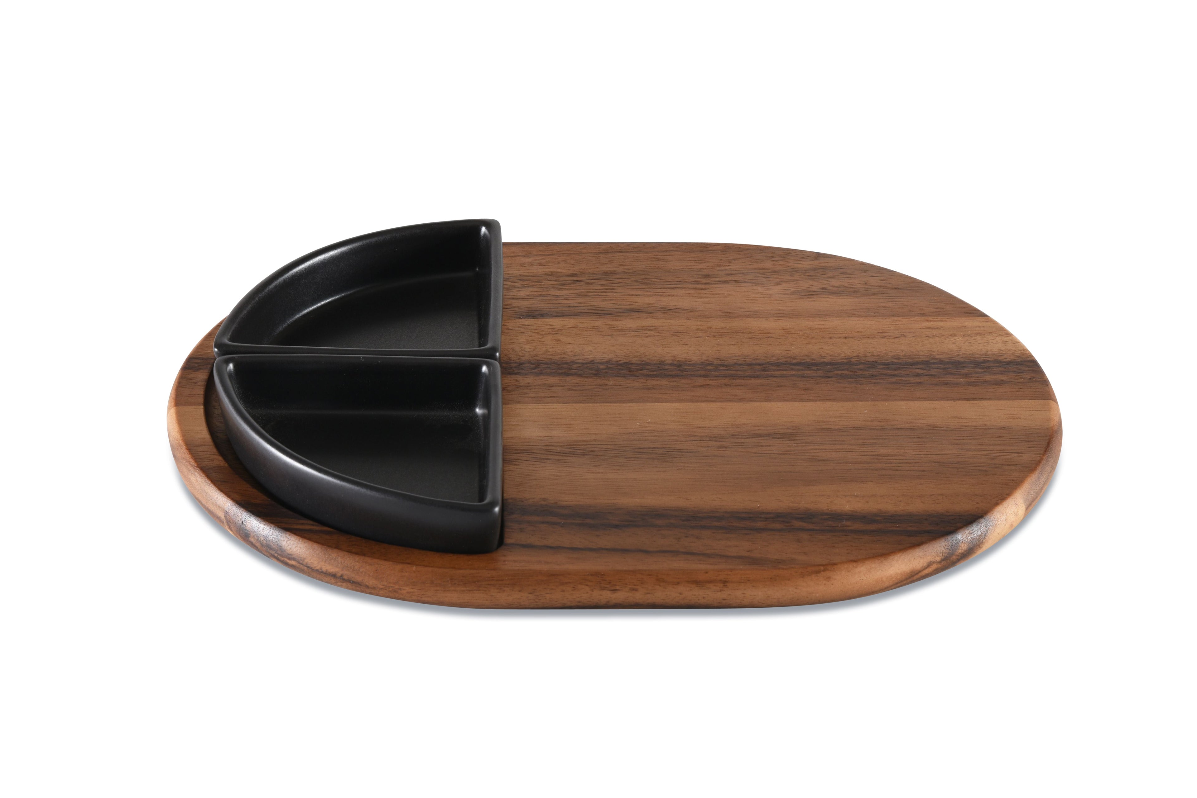 Acacia Wood Charcuterie Board with 2 Black Triangular Ceramic Bowls - 15" x 11"