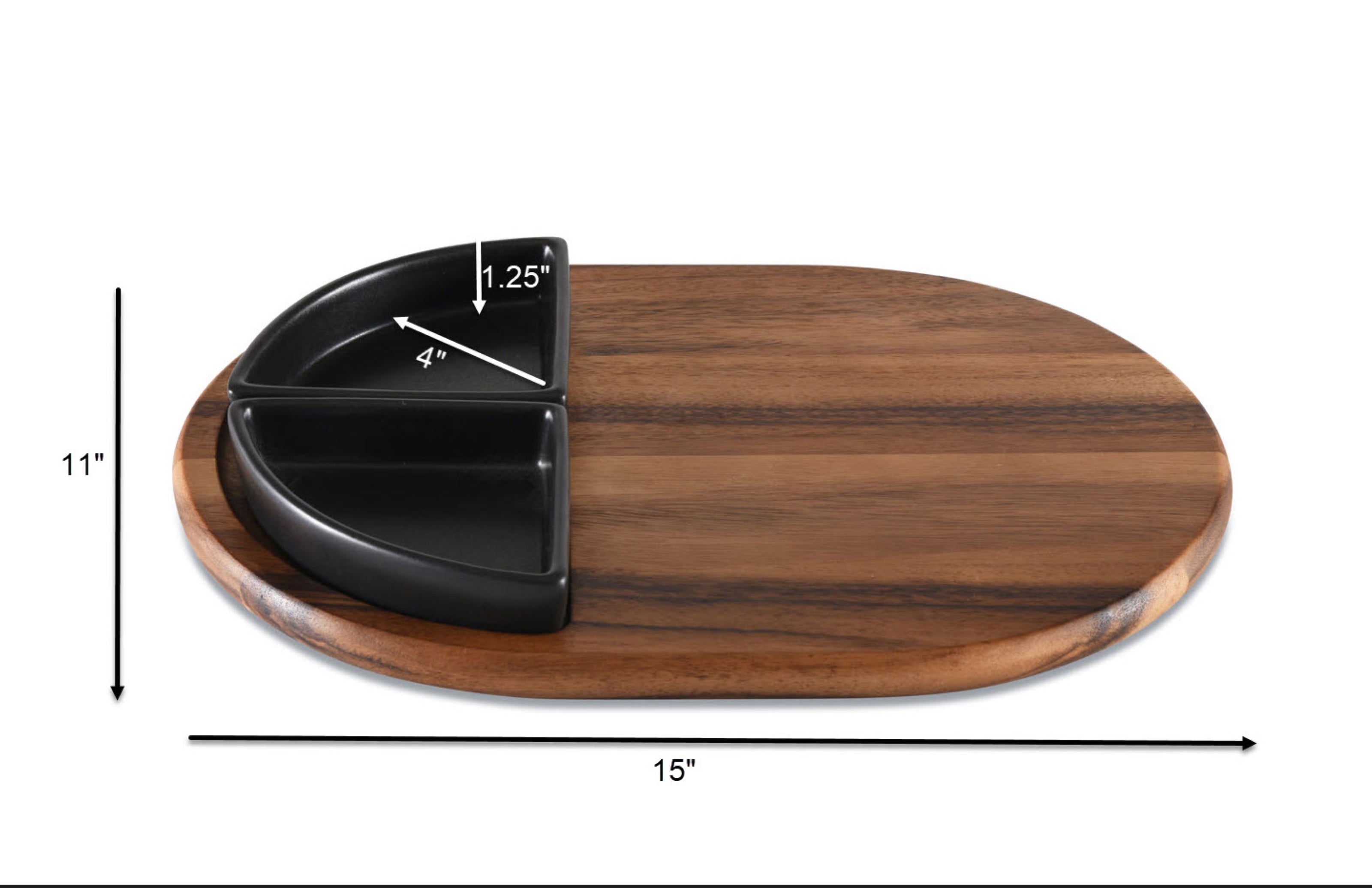 Acacia Wood Charcuterie Board with 2 Black Triangular Ceramic Bowls - 15" x 11"