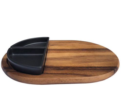 Acacia Wood Charcuterie Board with 2 Black Triangular Ceramic Bowls - 15" x 11"