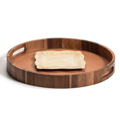 Acacia Wood Round Serving Tray & Charcuterie Board with Handles — 15"