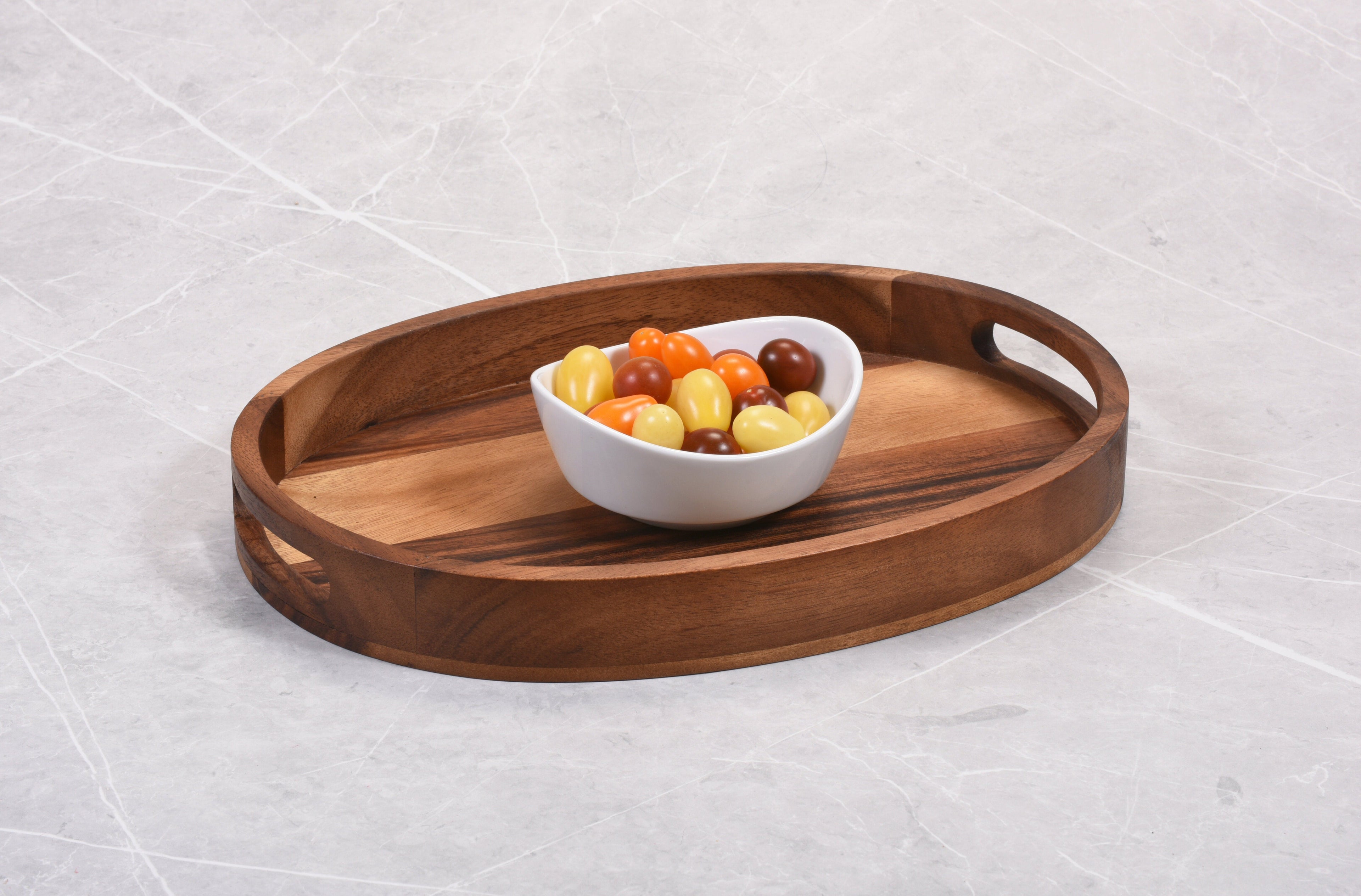 Acacia Wood Serving Tray with Handles - Oval with Border 11" x 15"