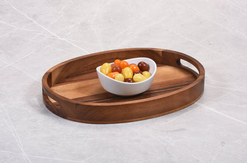 Acacia Wood Serving Tray with Handles - Oval with Border 11" x 15"