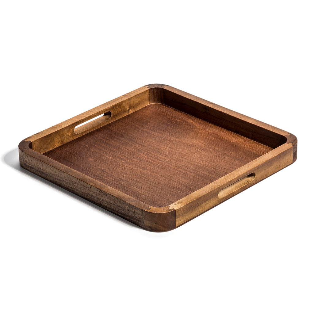 Acacia Wood Square Serving Tray with Handles — 14" x 14"