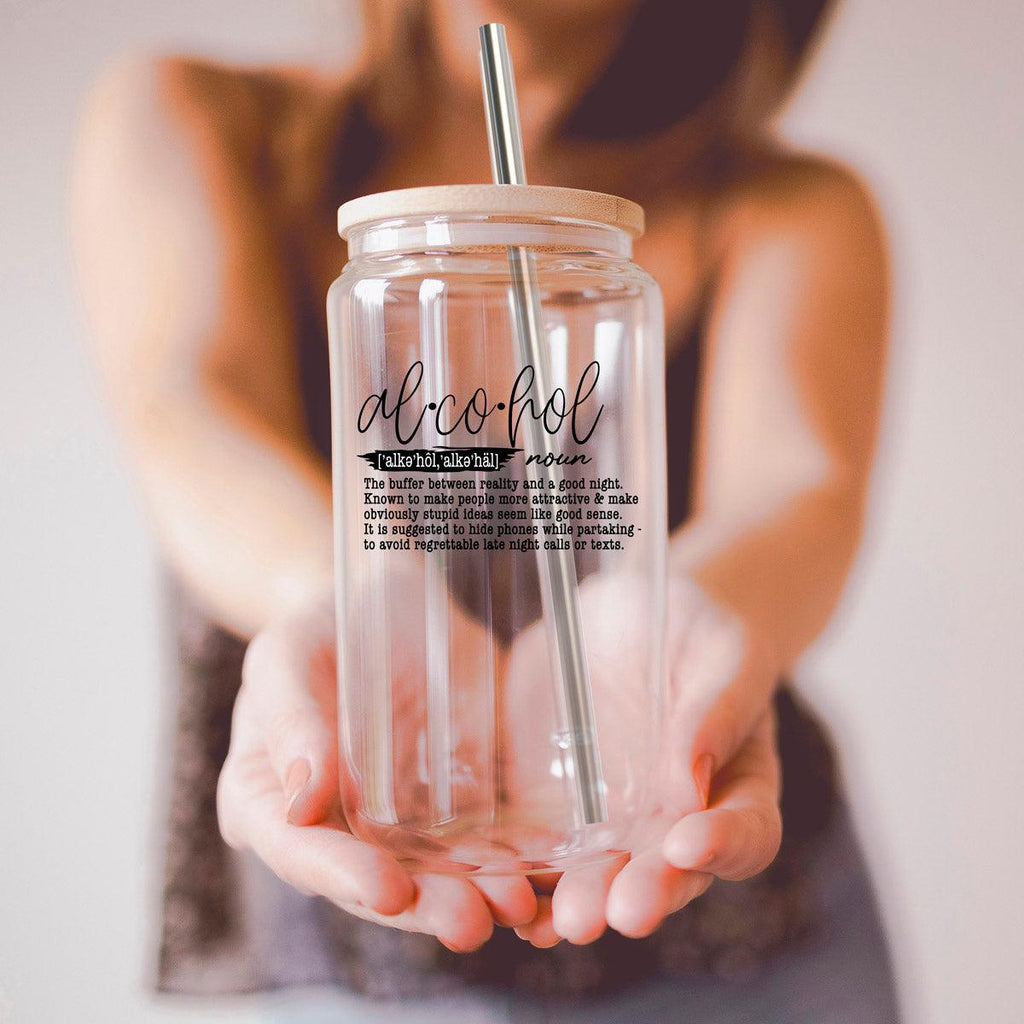 "Alcohol" Definition Glass Can Tumbler – 17oz with Bamboo Lid & Straw