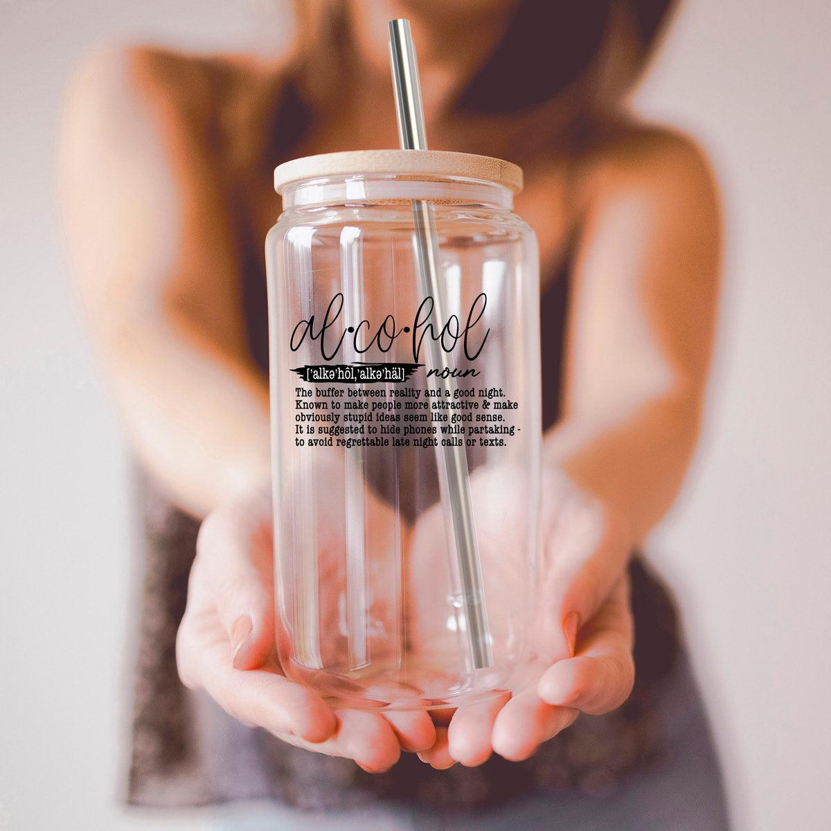 "Alcohol" Definition Glass Can Tumbler – 17oz with Bamboo Lid & Straw