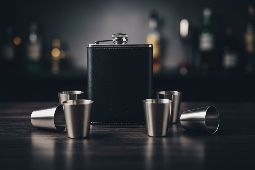 Black Leather Flask Set Lifestyle