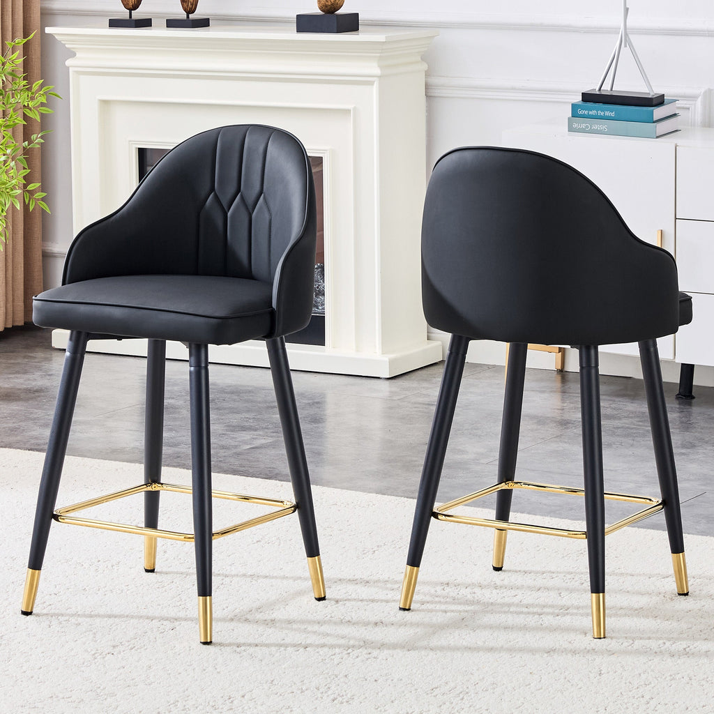 Black PU Leather Bar Stools – Set of 2 | 37.7" High with Ergonomic Backrest & Gold Footrest