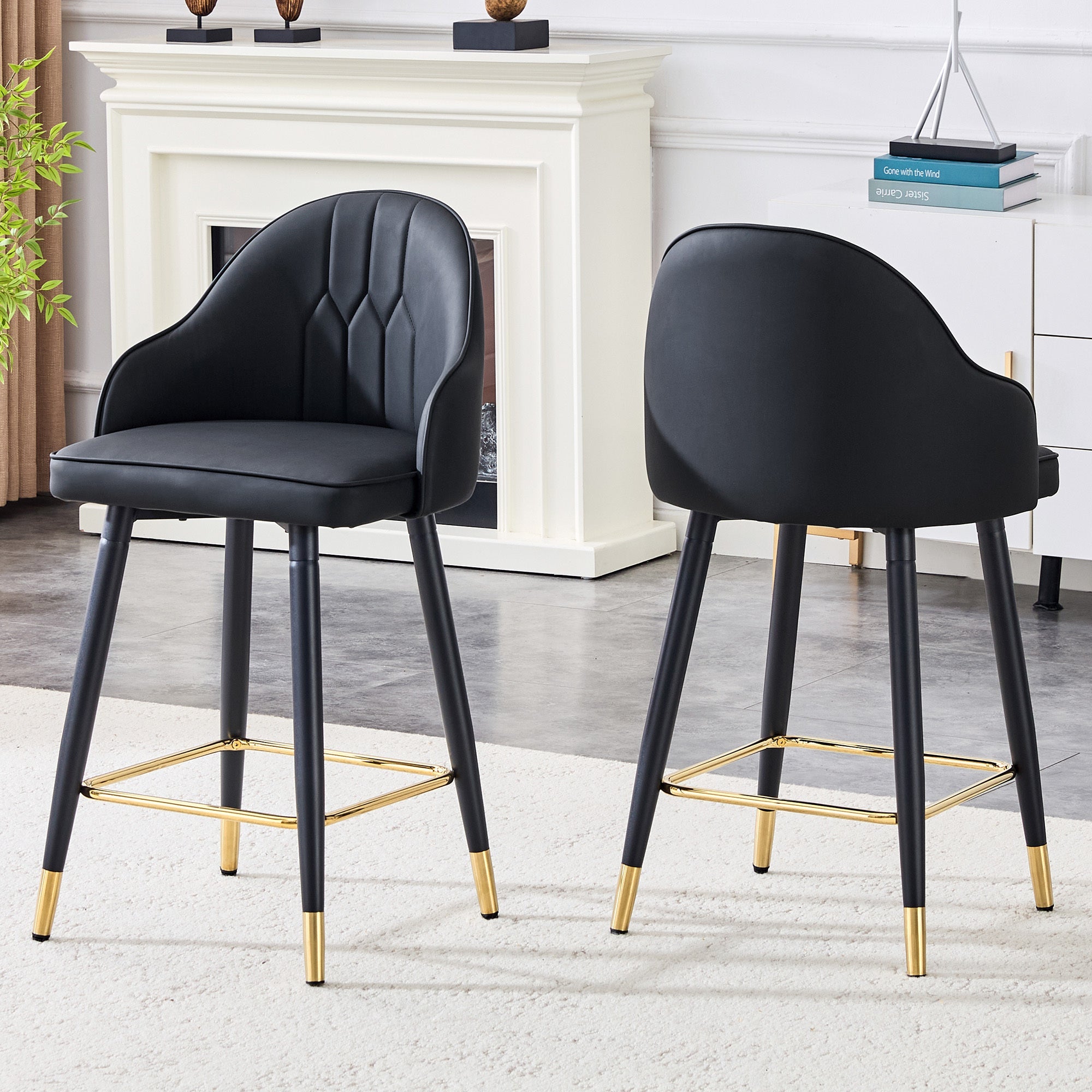 Black PU Leather Bar Stools – Set of 2 | 37.7" High with Ergonomic Backrest & Gold Footrest