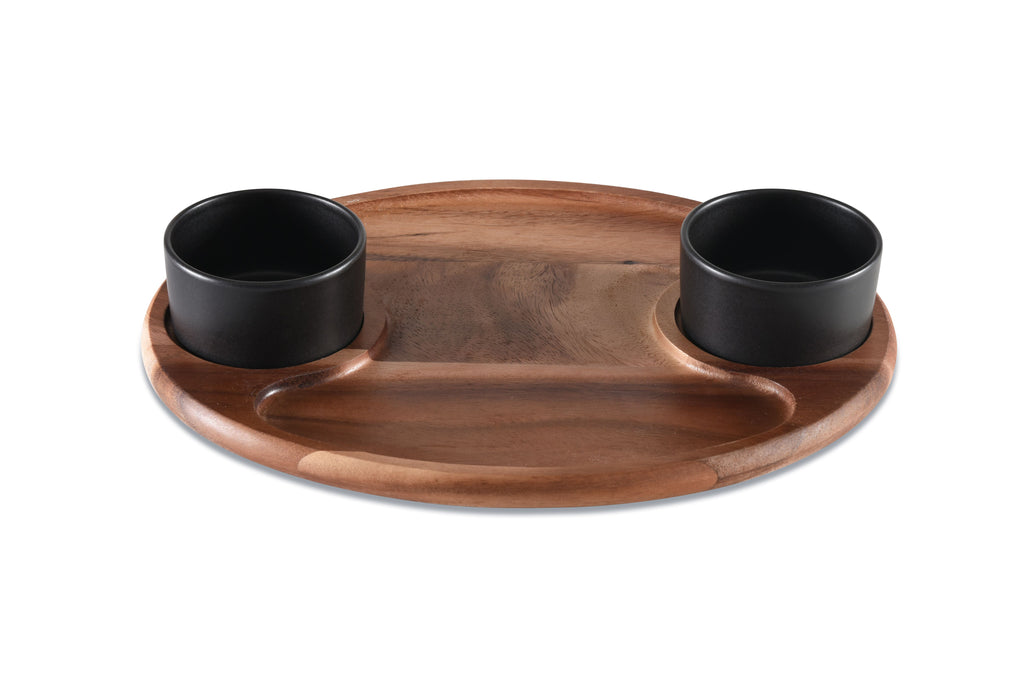Acacia Charcuterie Board with 2 Black Ceramic Bowls & Wood Lids