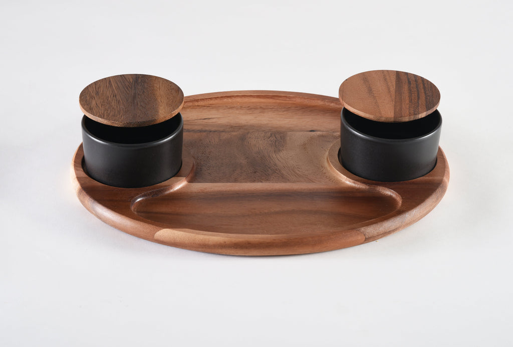 Acacia Charcuterie Board with 2 Black Ceramic Bowls & Wood Lids