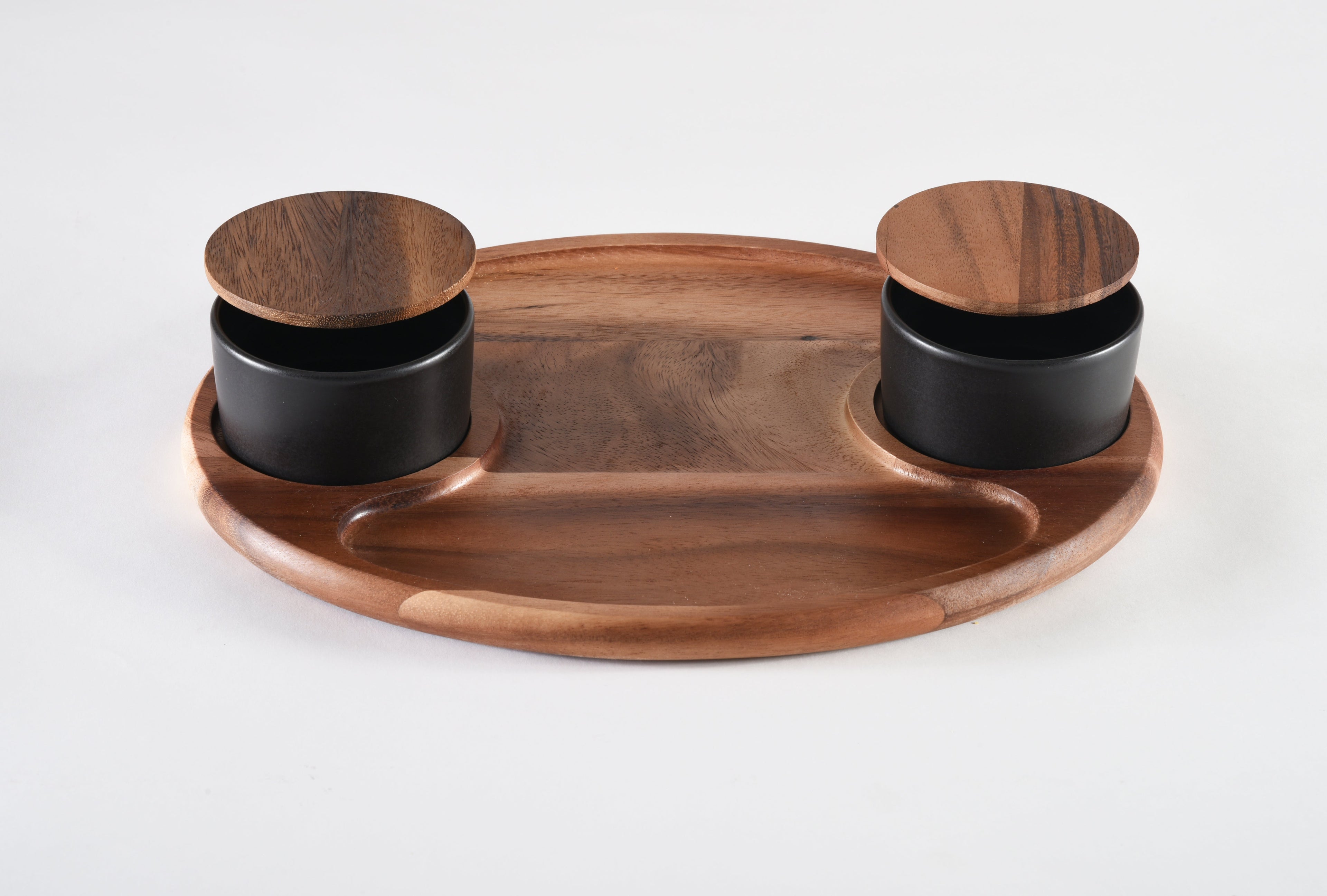 Acacia Charcuterie Board with 2 Black Ceramic Bowls & Wood Lids