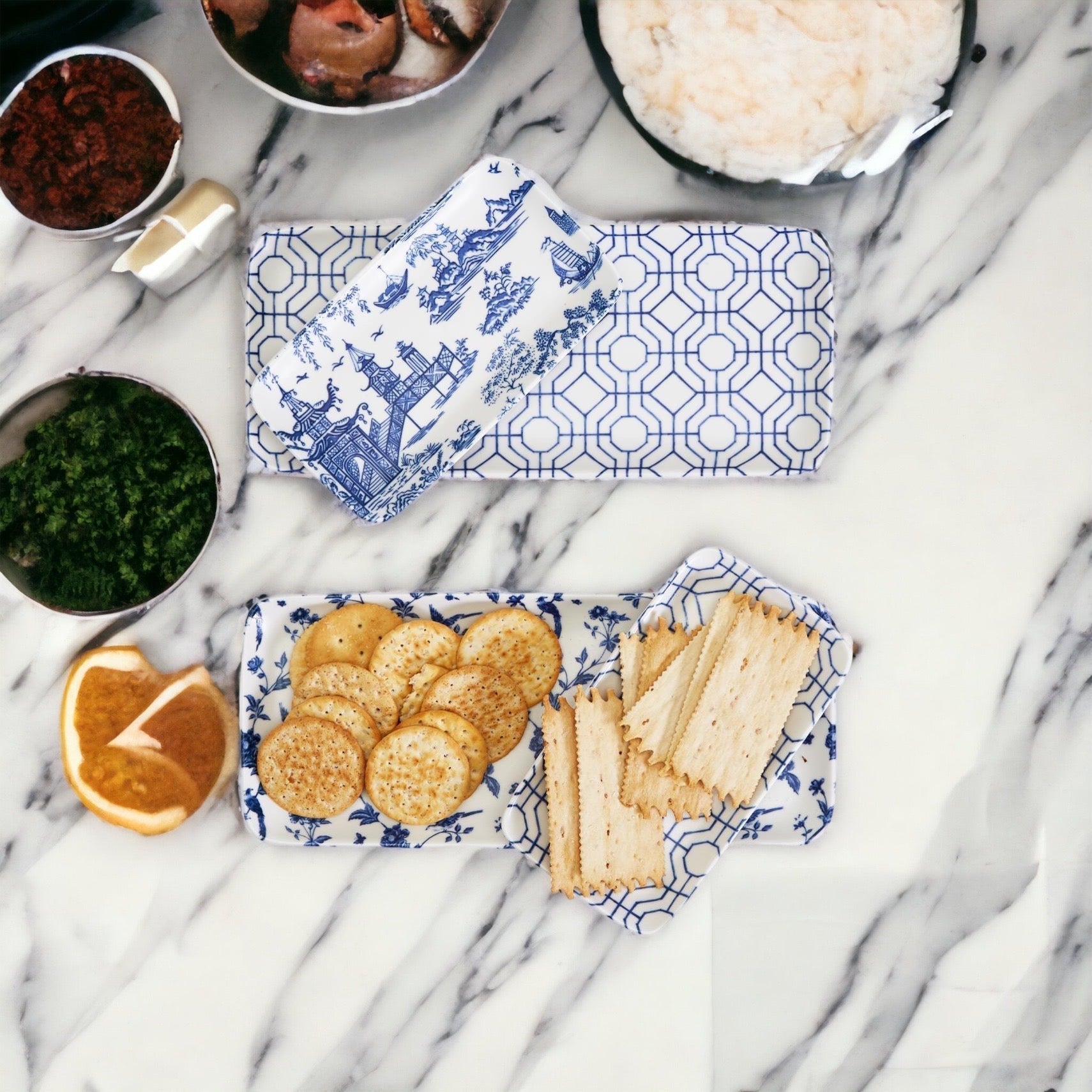Chinoiserie Blue & White Porcelain Serving Tray Set — 4 Pieces