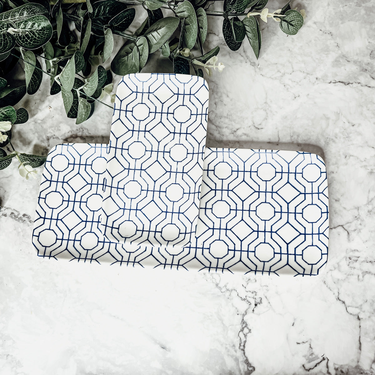 Chinoiserie Blue & White Porcelain Serving Tray Set — 4 Pieces