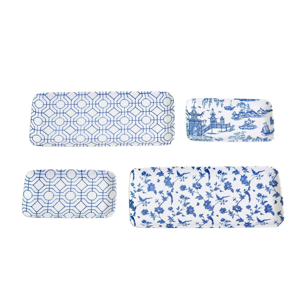 Chinoiserie Blue & White Porcelain Serving Tray Set — 4 Pieces