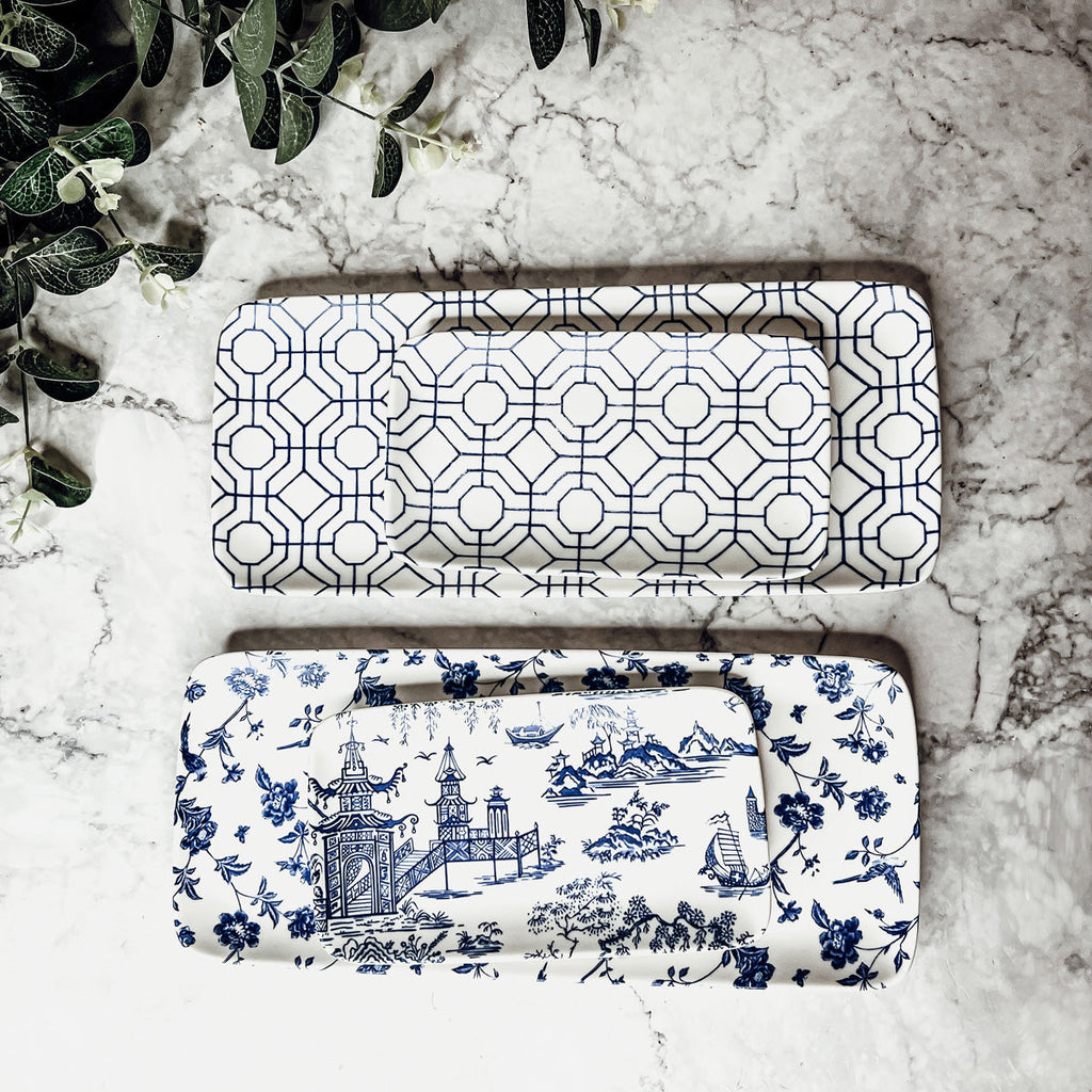 Chinoiserie Blue & White Porcelain Serving Tray Set — 4 Pieces