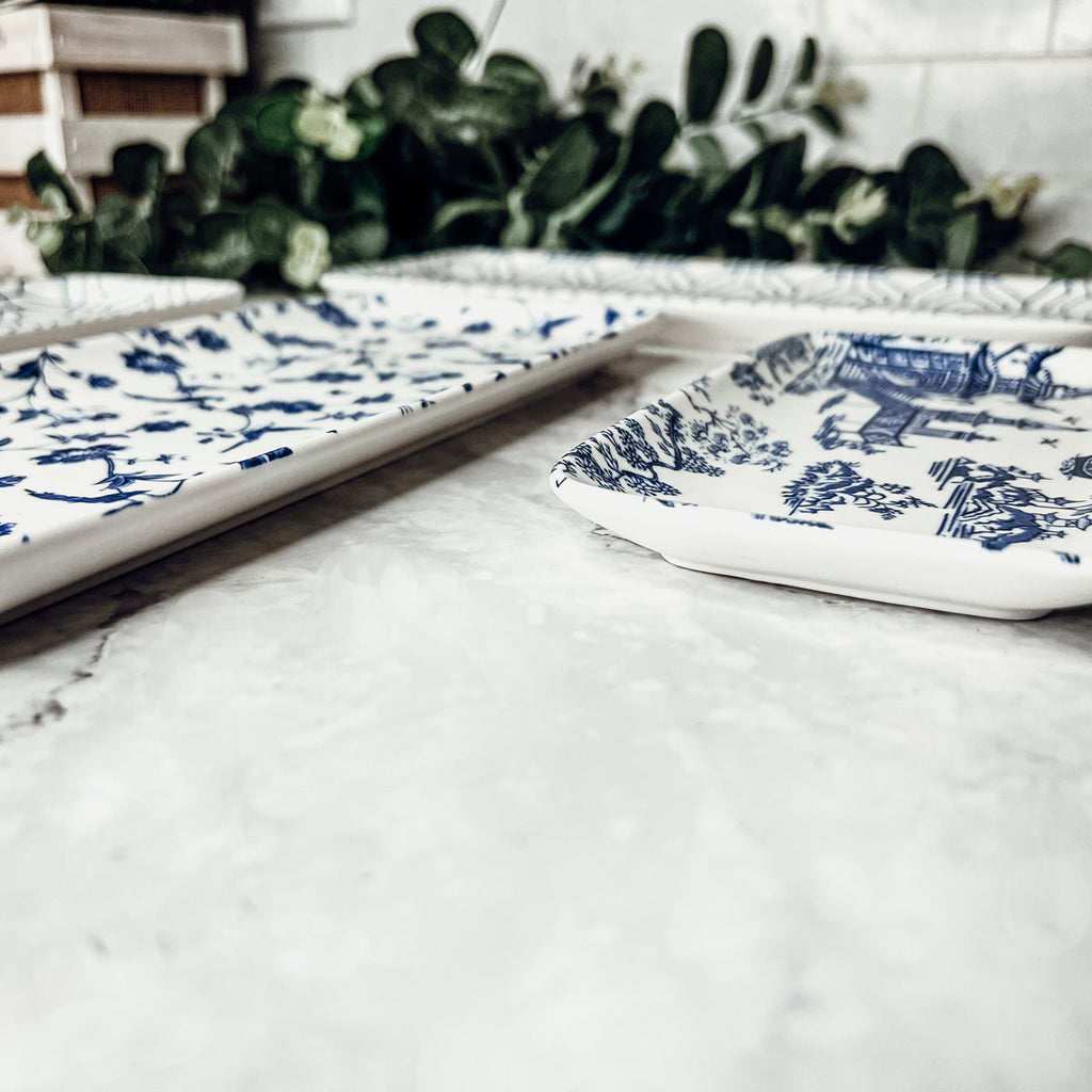 Chinoiserie Blue & White Porcelain Serving Tray Set — 4 Pieces