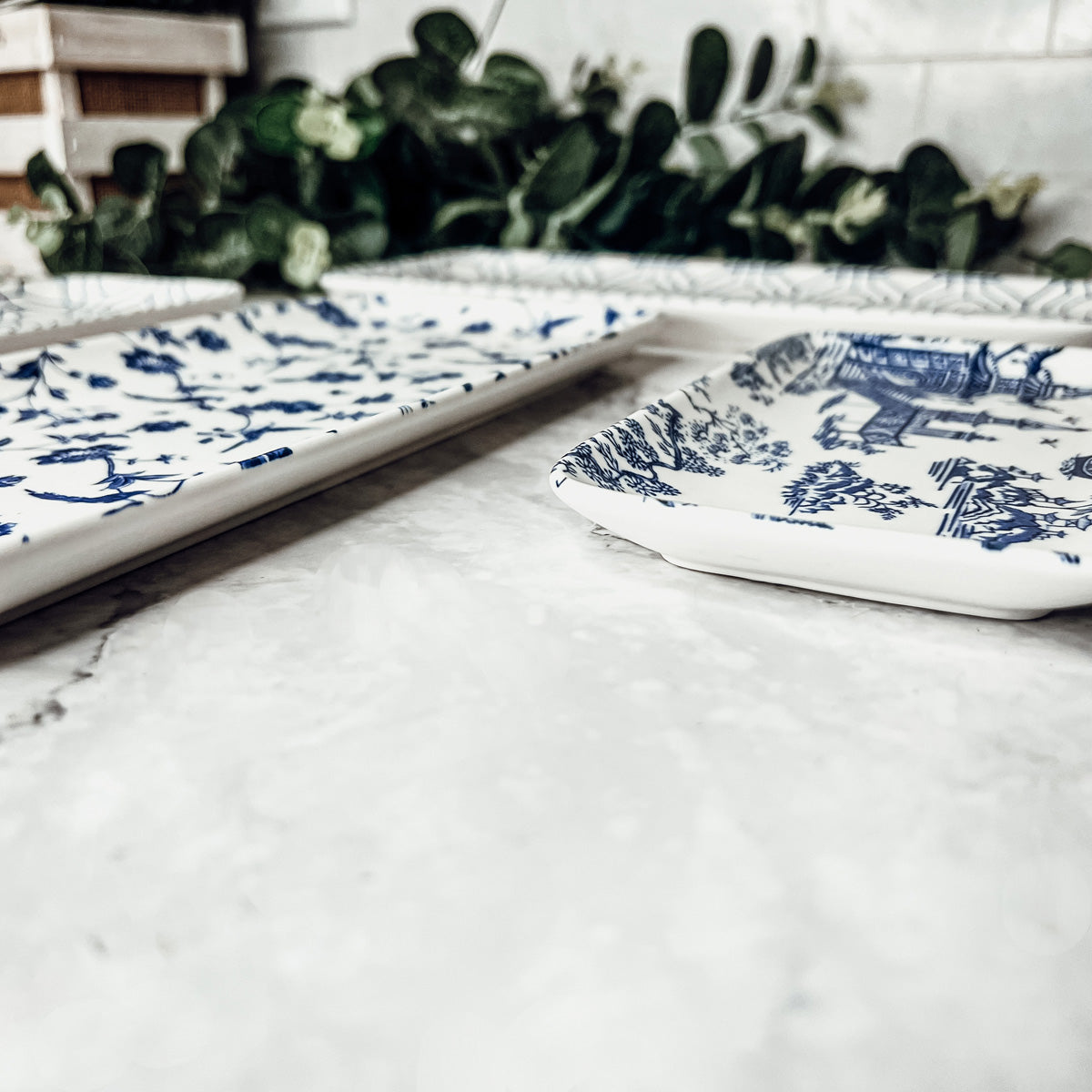 Chinoiserie Blue & White Porcelain Serving Tray Set — 4 Pieces