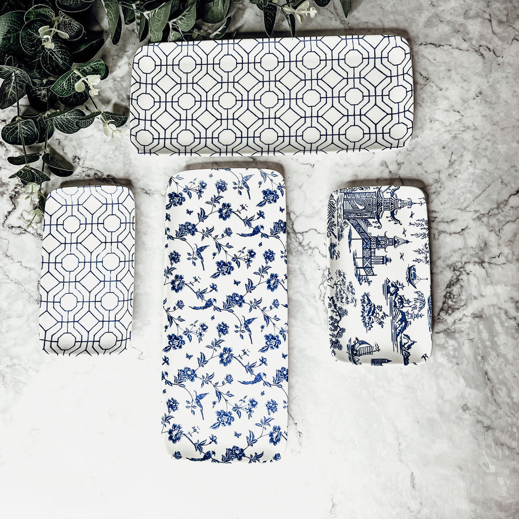 Chinoiserie Blue & White Porcelain Serving Tray Set — 4 Pieces