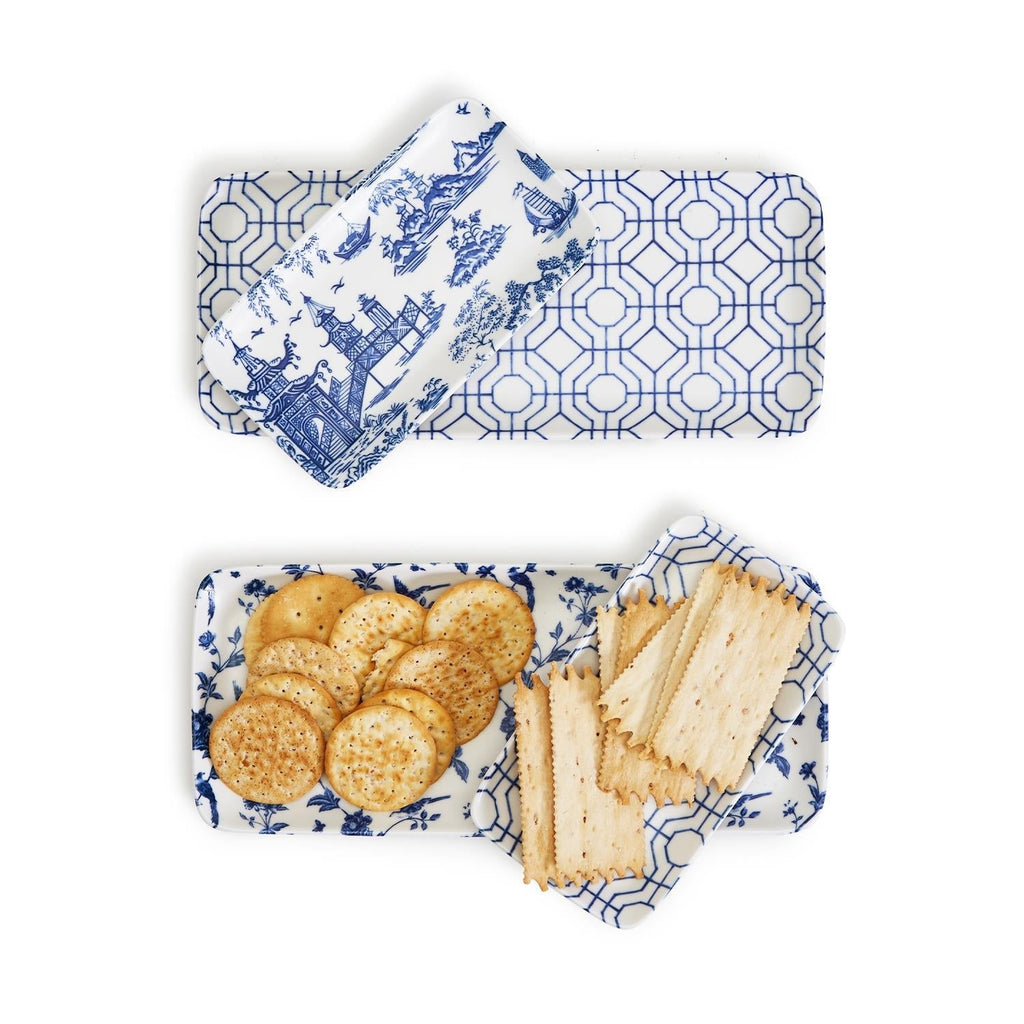 Chinoiserie Blue & White Porcelain Serving Tray Set — 4 Pieces