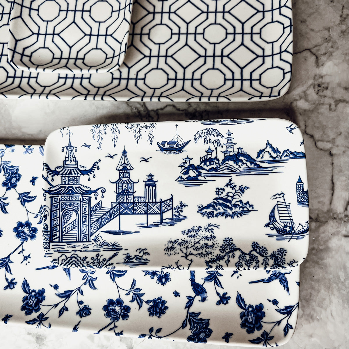 Chinoiserie Blue & White Porcelain Serving Tray Set — 4 Pieces