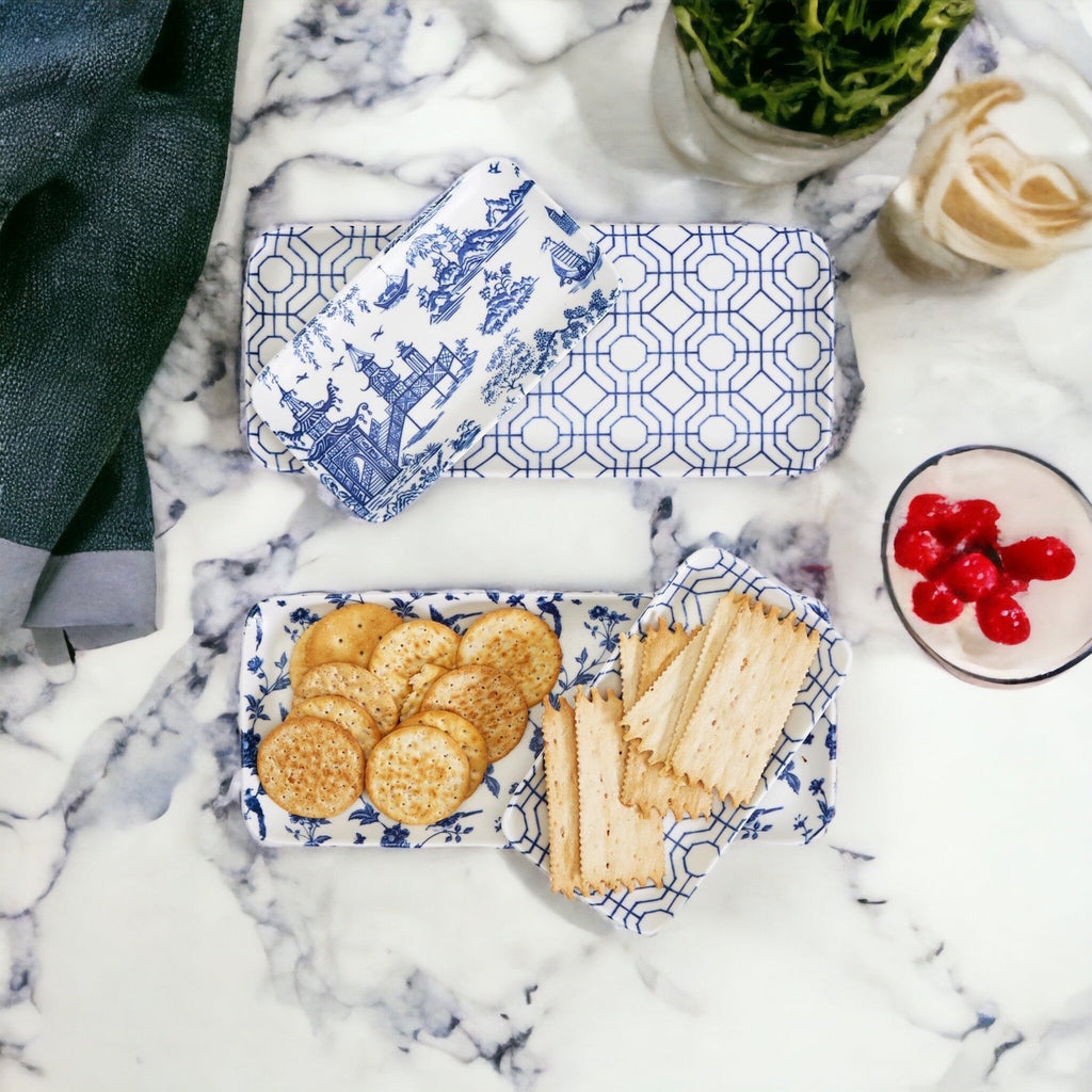 Chinoiserie Blue & White Porcelain Serving Tray Set — 4 Pieces