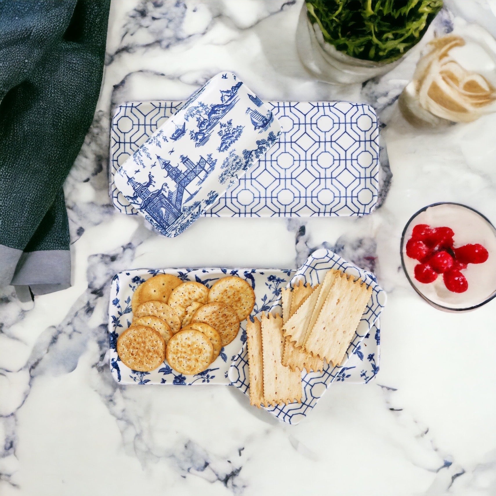 Chinoiserie Blue & White Porcelain Serving Tray Set — 4 Pieces