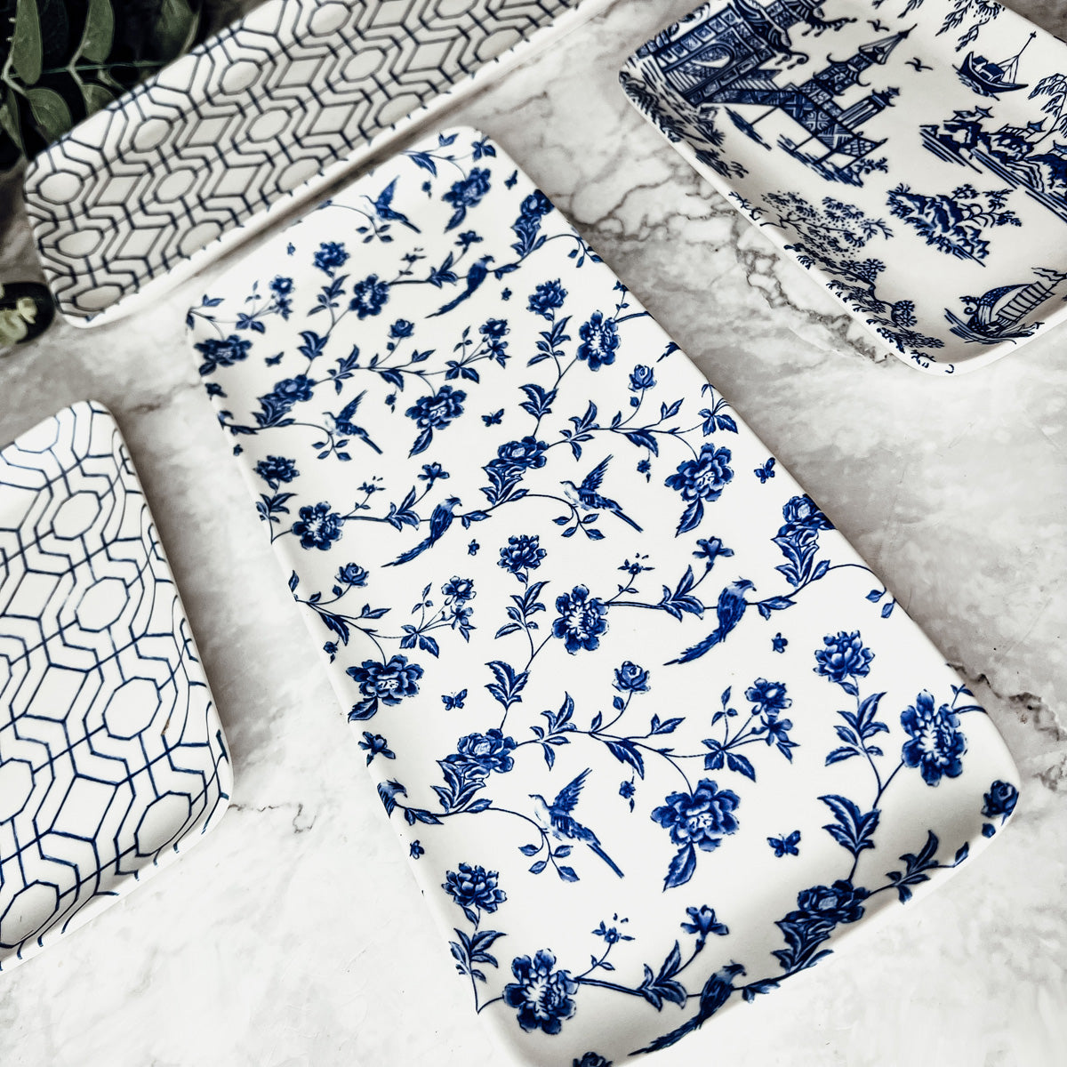 Chinoiserie Blue & White Porcelain Serving Tray Set — 4 Pieces