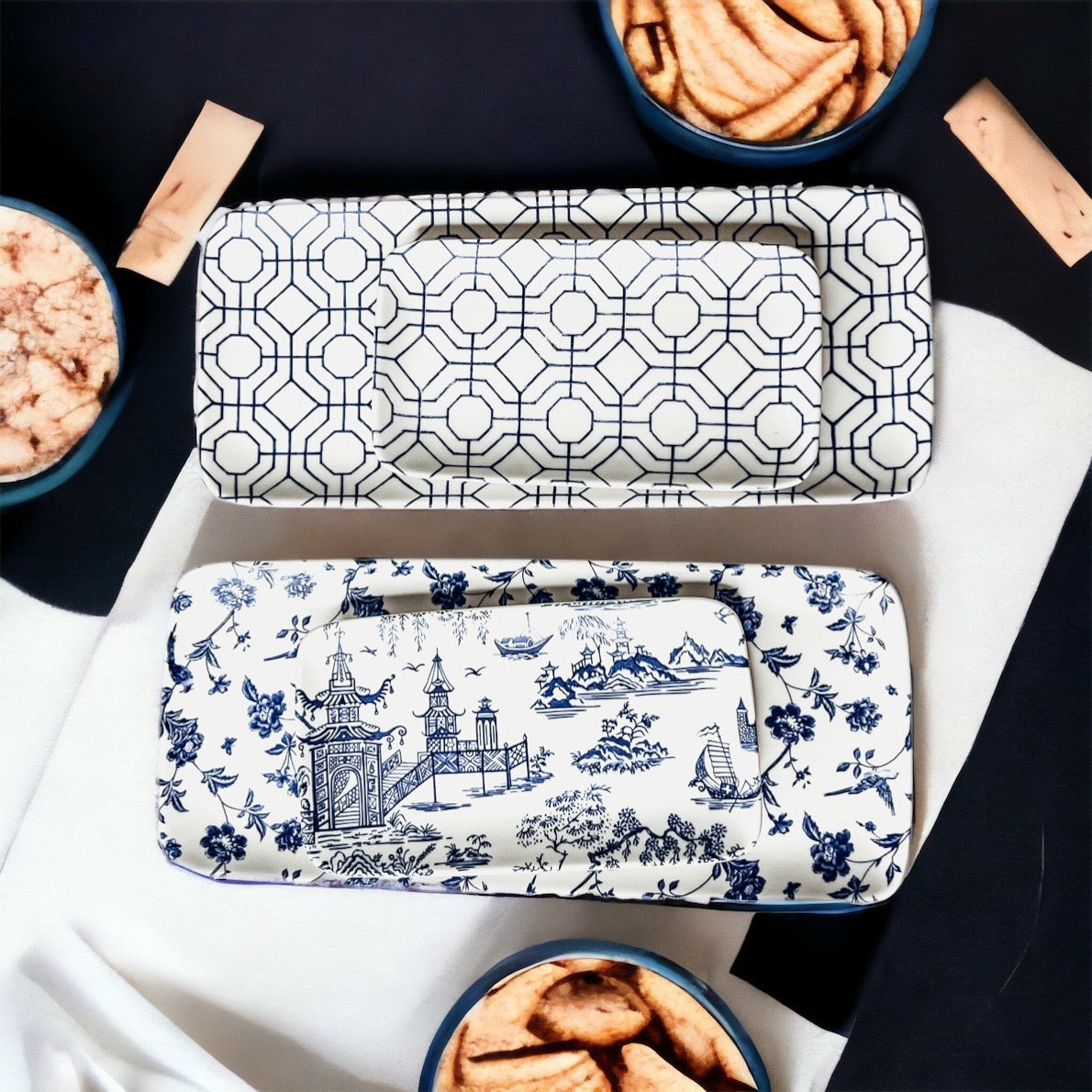 Chinoiserie Blue & White Porcelain Serving Tray Set — 4 Pieces