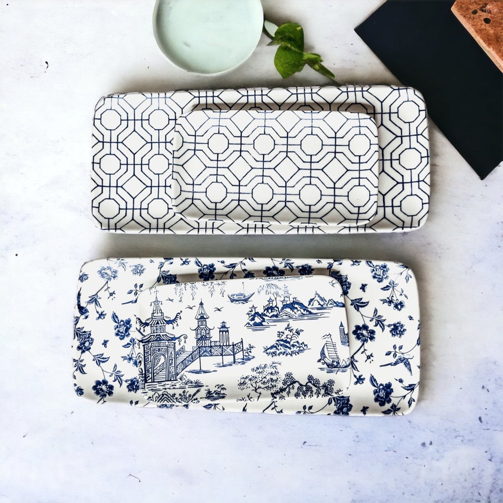Chinoiserie Blue & White Porcelain Serving Tray Set — 4 Pieces