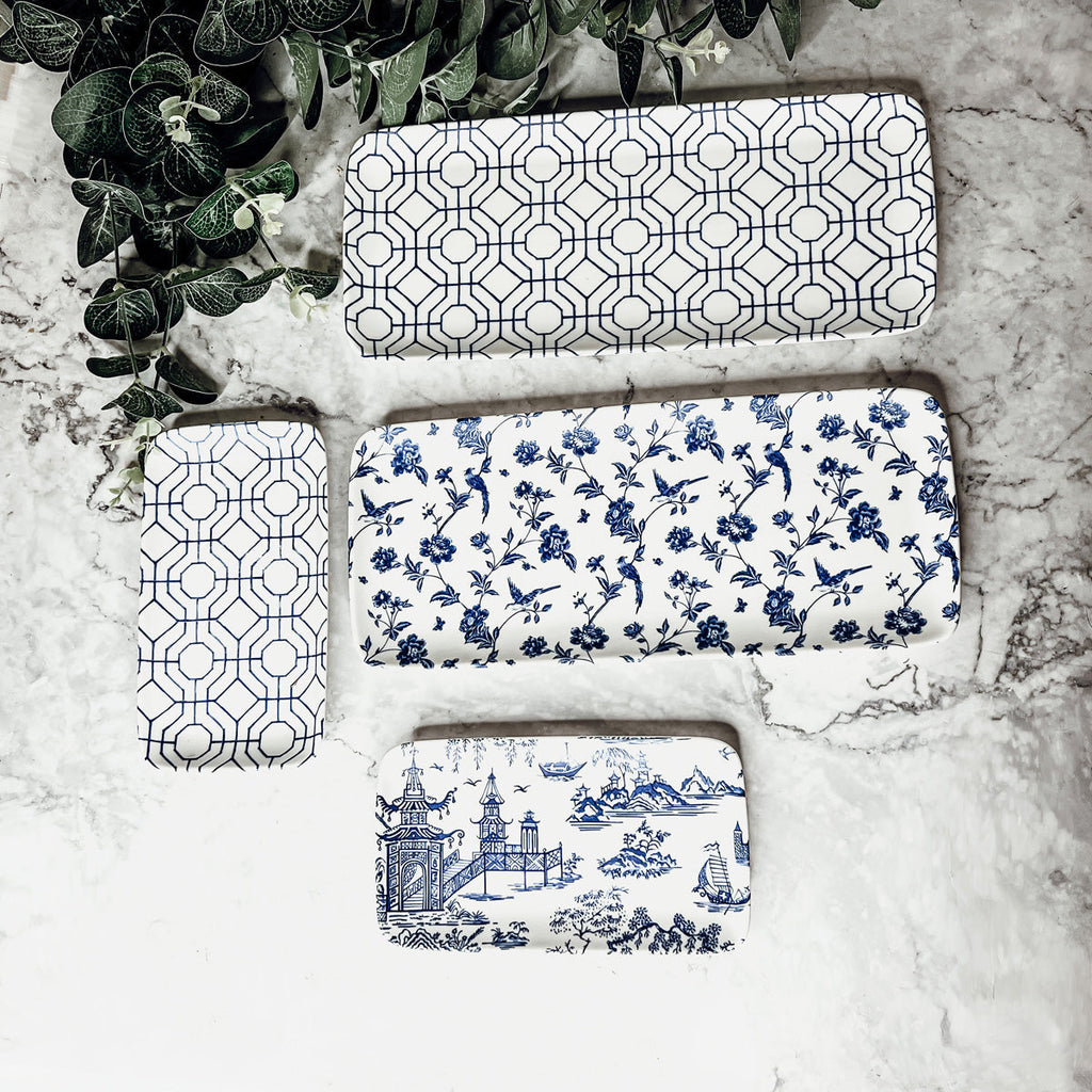 Chinoiserie Blue & White Porcelain Serving Tray Set — 4 Pieces