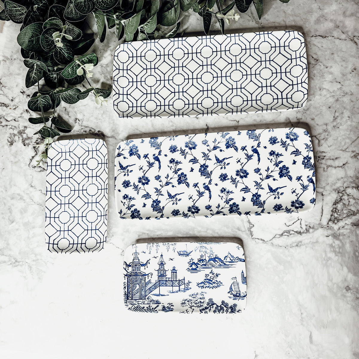 Chinoiserie Blue & White Porcelain Serving Tray Set — 4 Pieces