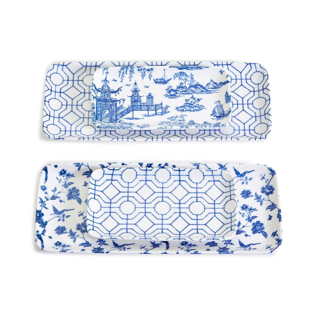 Chinoiserie Blue & White Porcelain Serving Tray Set — 4 Pieces