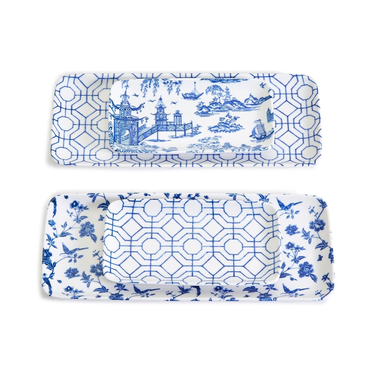Chinoiserie Blue & White Porcelain Serving Tray Set — 4 Pieces