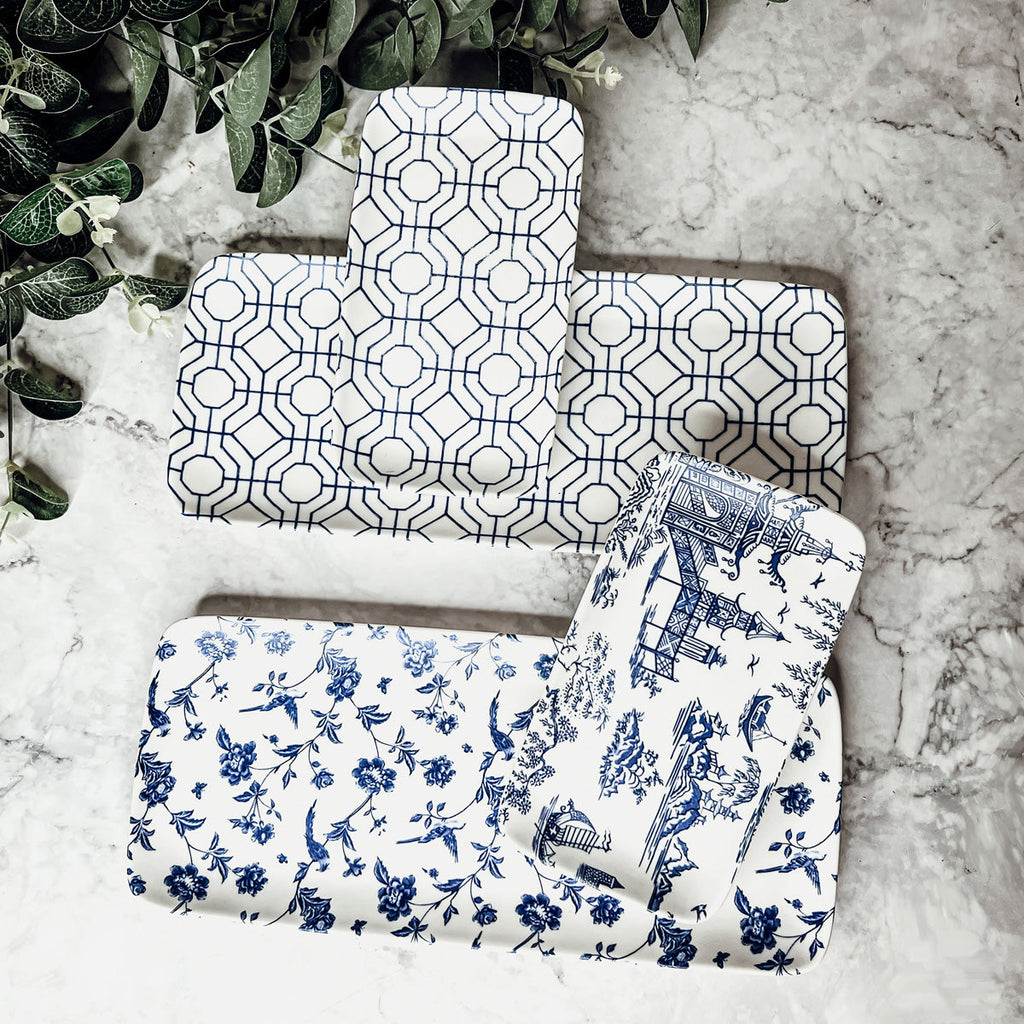 Chinoiserie Blue & White Porcelain Serving Tray Set — 4 Pieces