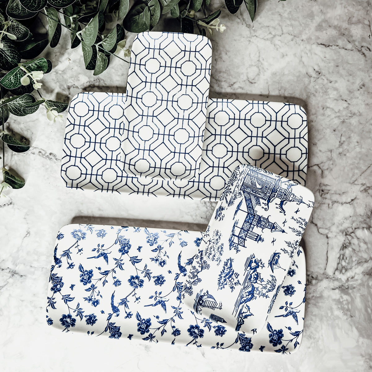Chinoiserie Blue & White Porcelain Serving Tray Set — 4 Pieces