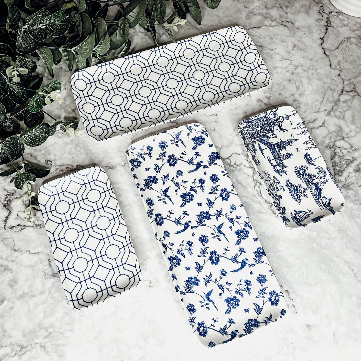 Chinoiserie Blue & White Porcelain Serving Tray Set — 4 Pieces