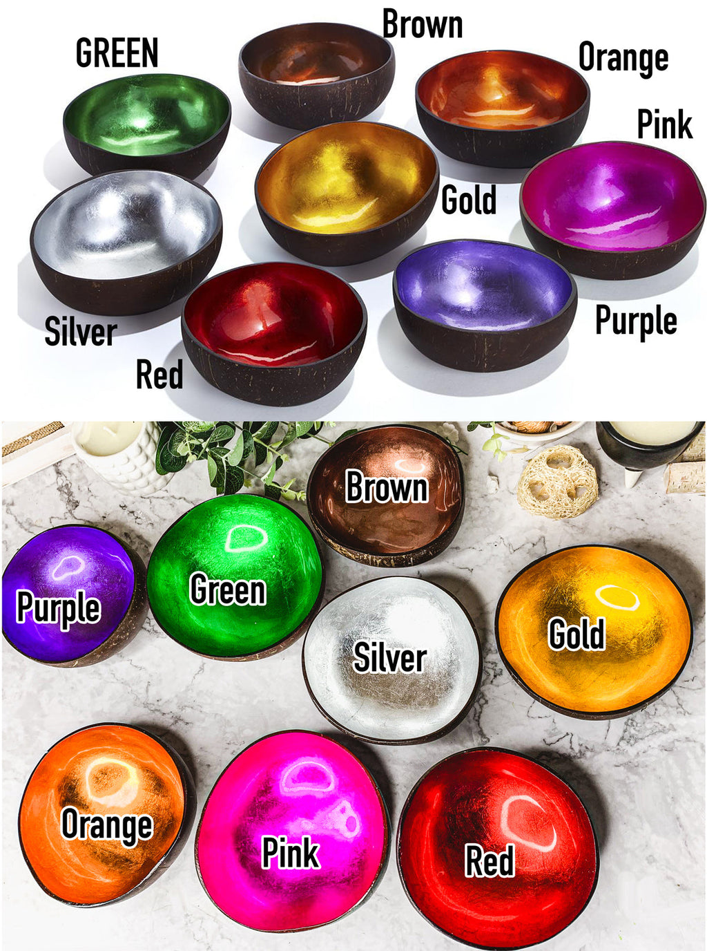 Lacquered Coconut Shell Bowls - Gold Leafed | 8 Colors | Single or 8-Pack