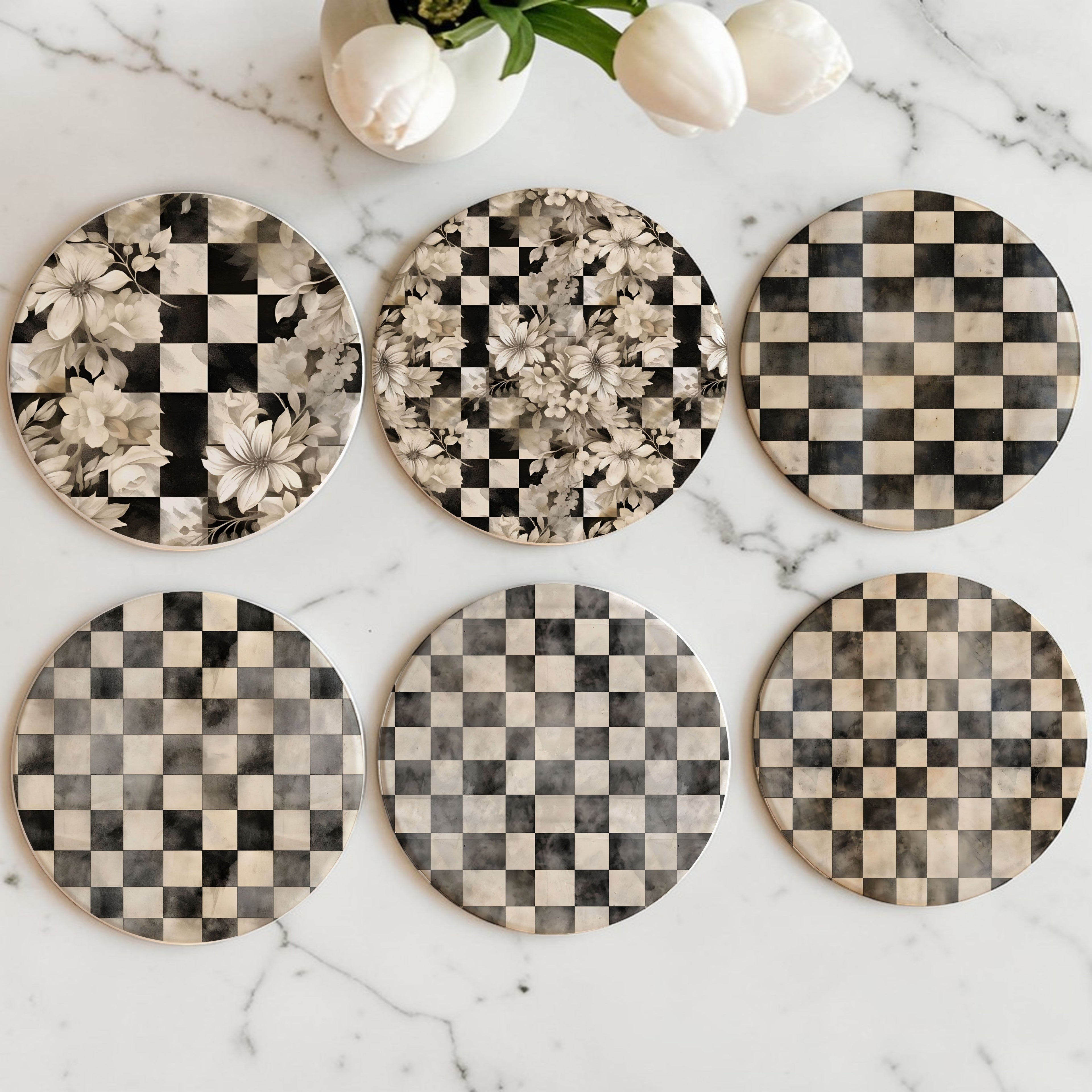 Courtly Check Ceramic Coasters - 6 Styles | Single or Full Set of 6