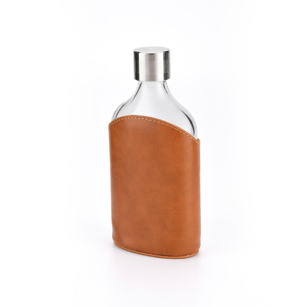 Glass Hip Flask with Genuine Brown Leather Pouch – 4oz, 6oz & 8oz
