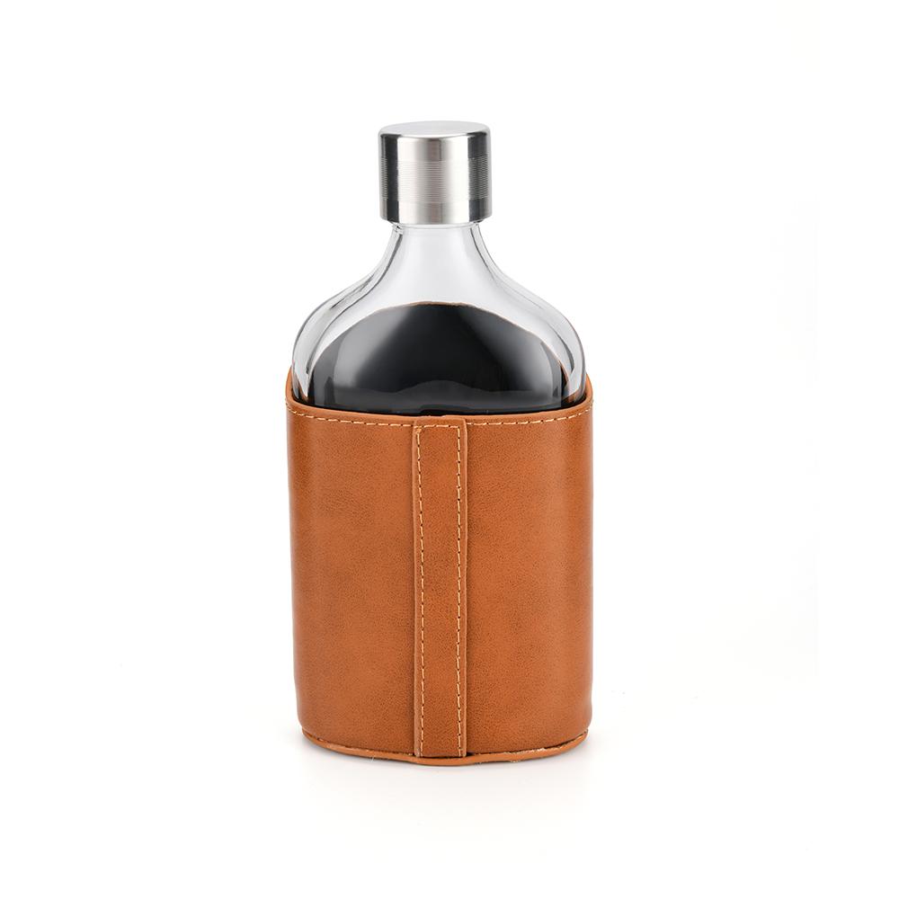 Glass Hip Flask with Genuine Brown Leather Pouch – 4oz, 6oz & 8oz
