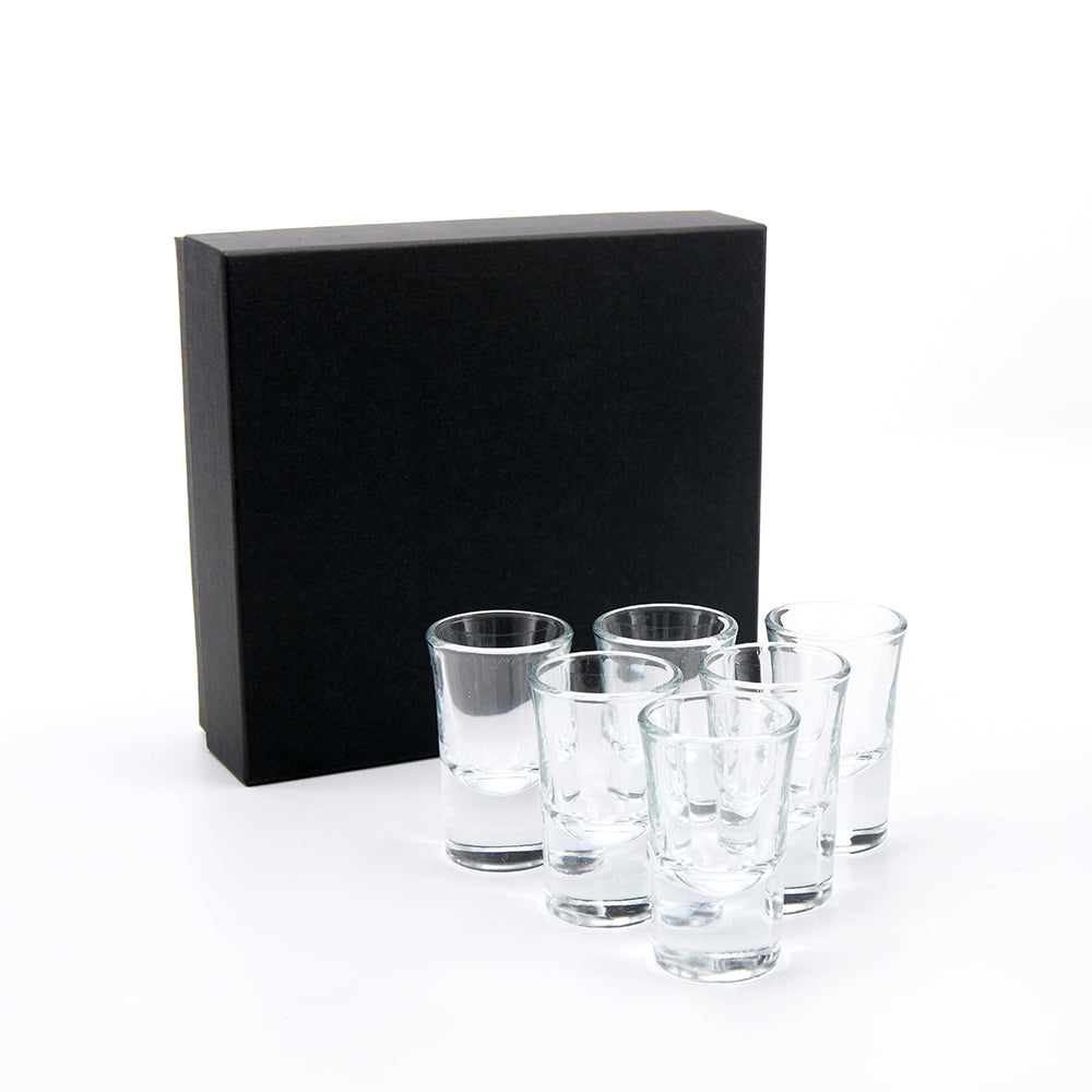 Shot Glass Set of 6 – 1.5oz Clear Glasses in Black Presentation Gift Box