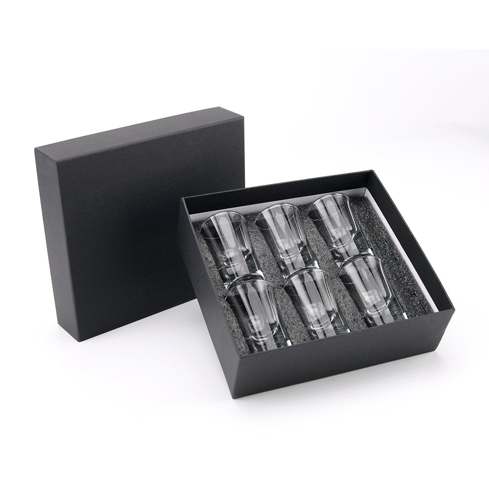 Shot Glass Set of 6 – 1.5oz Clear Glasses in Black Presentation Gift Box