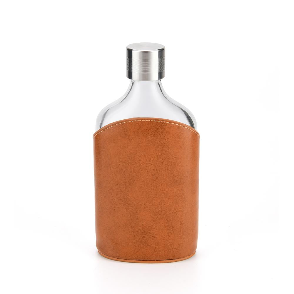 Glass Hip Flask with Genuine Brown Leather Pouch – 4oz, 6oz & 8oz