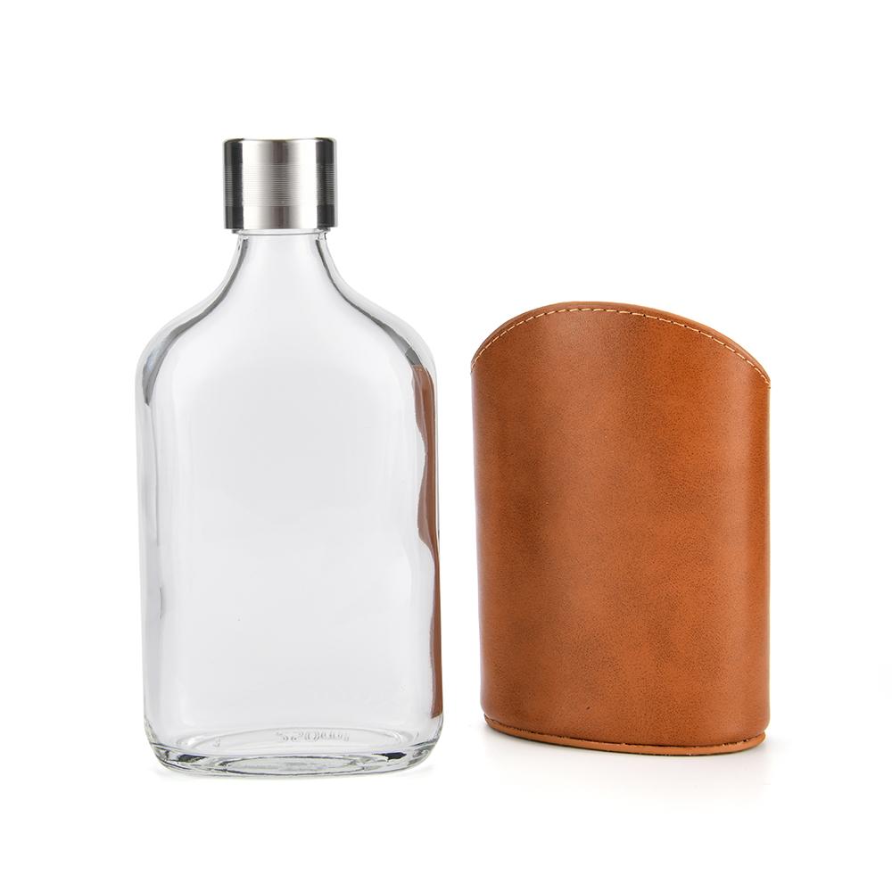 Glass Hip Flask with Genuine Brown Leather Pouch – 4oz, 6oz & 8oz