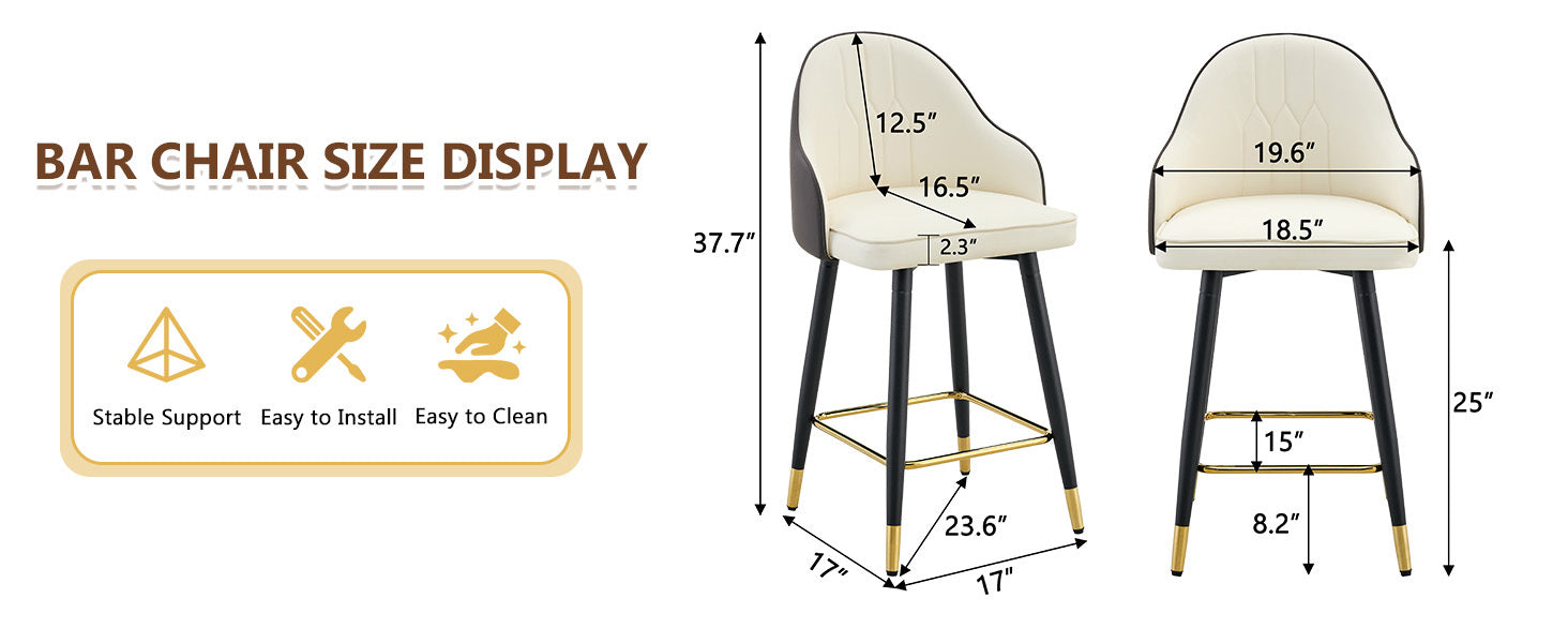 White & Dark Gray PU Leather Bar Stools – Set of 2 | 37.7" High with Ergonomic Backrest & Gold Footrest