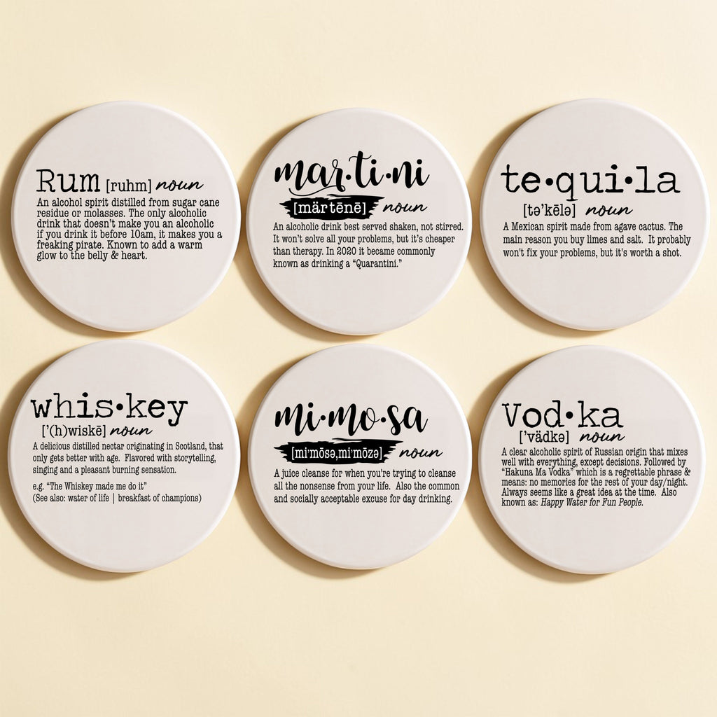 Drink Definition Ceramic Coasters - 14 Drinks | Single, 4-Pack or 6-Pack