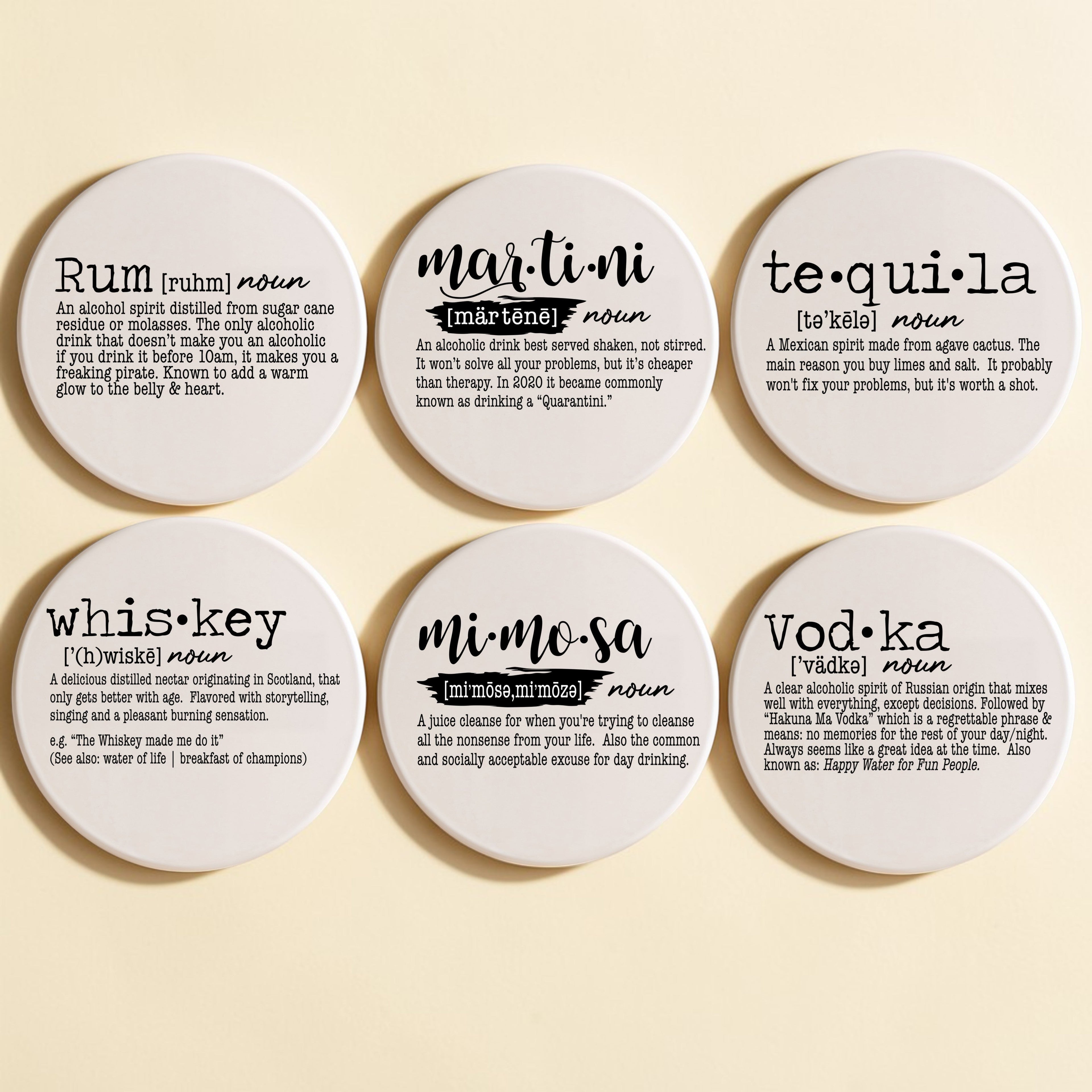 Drink Definition Ceramic Coasters - 14 Drinks | Single, 4-Pack or 6-Pack